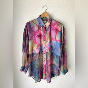 Vintage Forenza Watercolor Swirl Half-sheer Button-down Blouse, Size S
